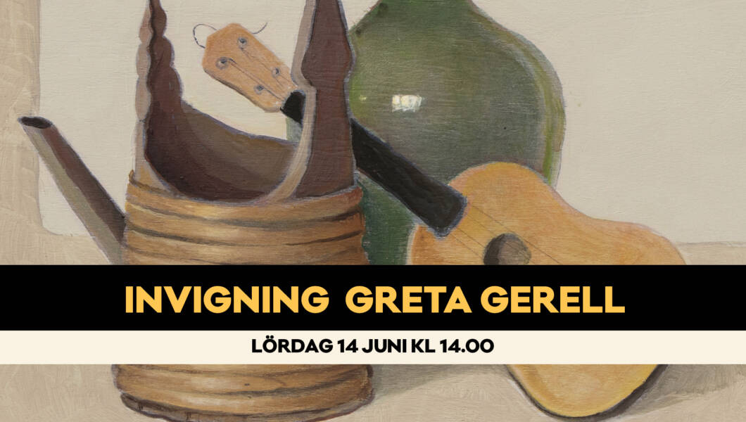 Invigning av Greta Gerells utställning. Stilleben med ukulele, stäva och damejeanne.