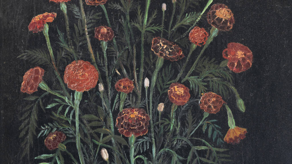 Hilding Linnqvist Tagetes. Utställning Alla blommar mot svart i Bror Hjorths Hus 29 nov 2025-25 jan 2026